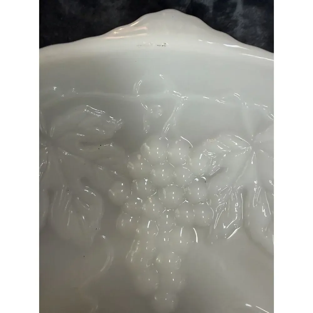 Vintage Anchor Hocking Milk Glass Grape Footed Serving Bowl 10” scalloped edge